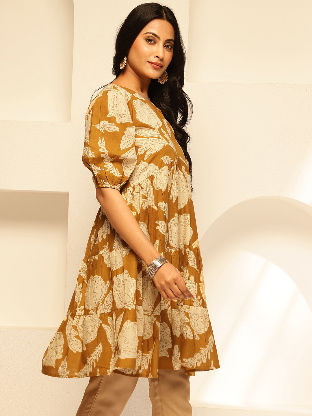 Mustard Floral Printed Alia Cut Cotton Tunic Top