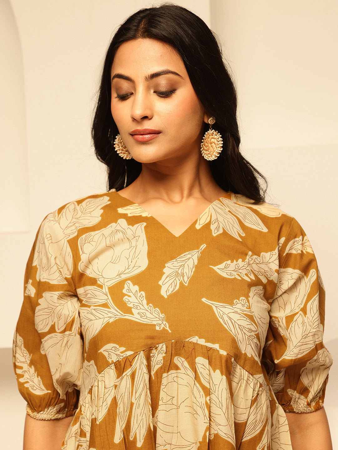 Mustard Floral Printed Alia Cut Cotton Tunic Top