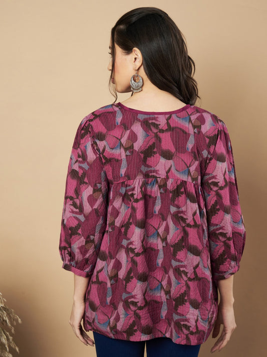 Wine Floral Print Flared Cotton Tunic Top