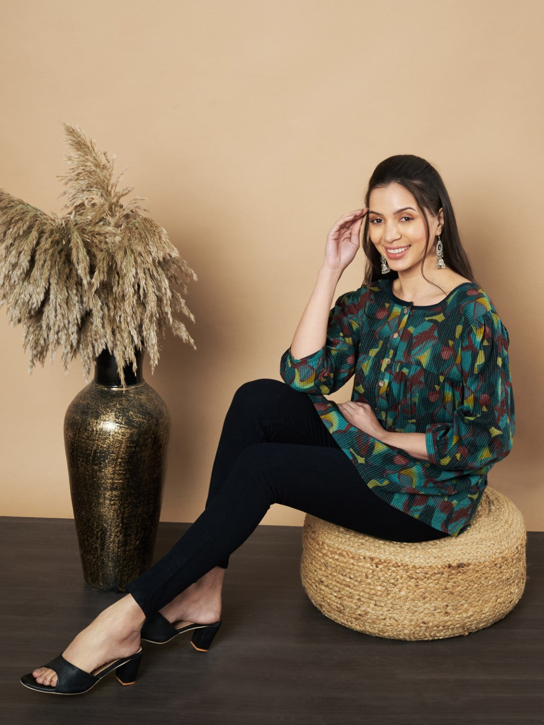 Wine Floral Print Flared Cotton Tunic Top