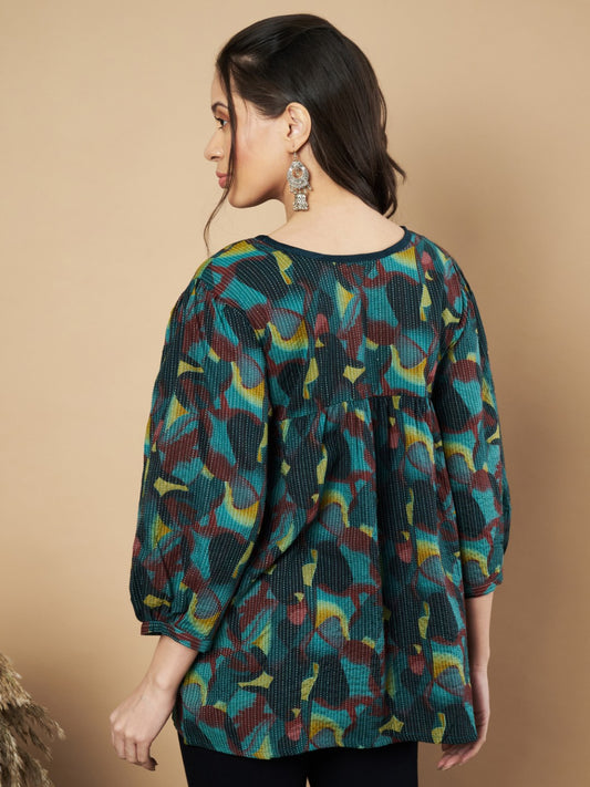 Peacock Floral Print Flared Cotton Tunic Top