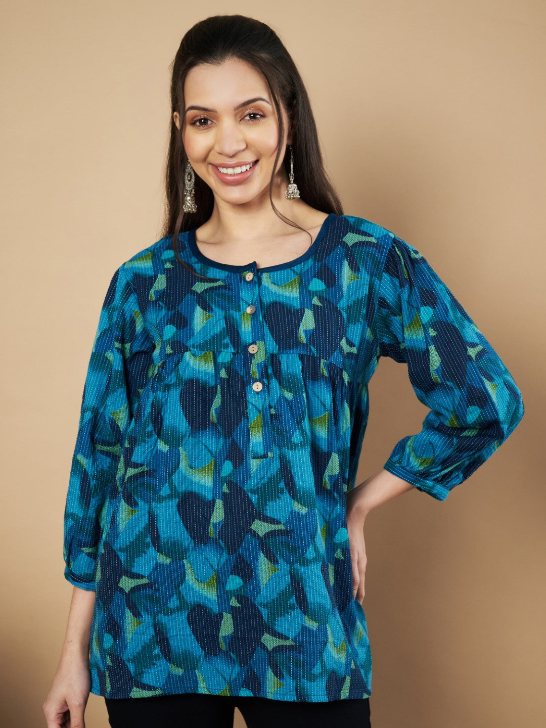 Blue Floral Print Flared Cotton Tunic Top