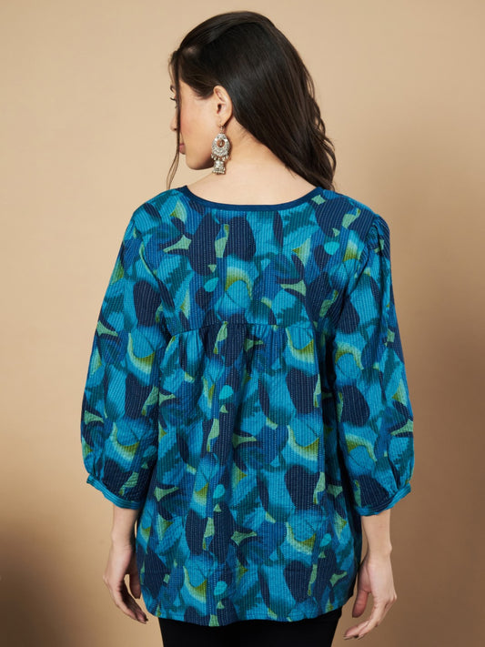 Blue Floral Print Flared Cotton Tunic Top