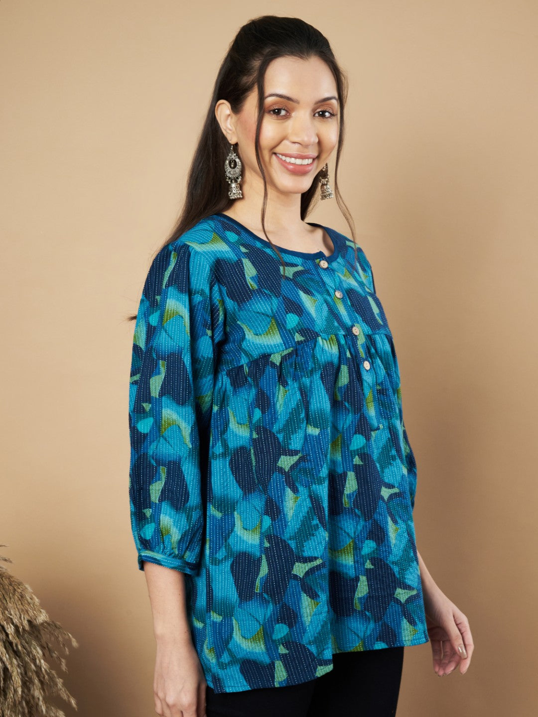 Blue Floral Print Flared Cotton Tunic Top