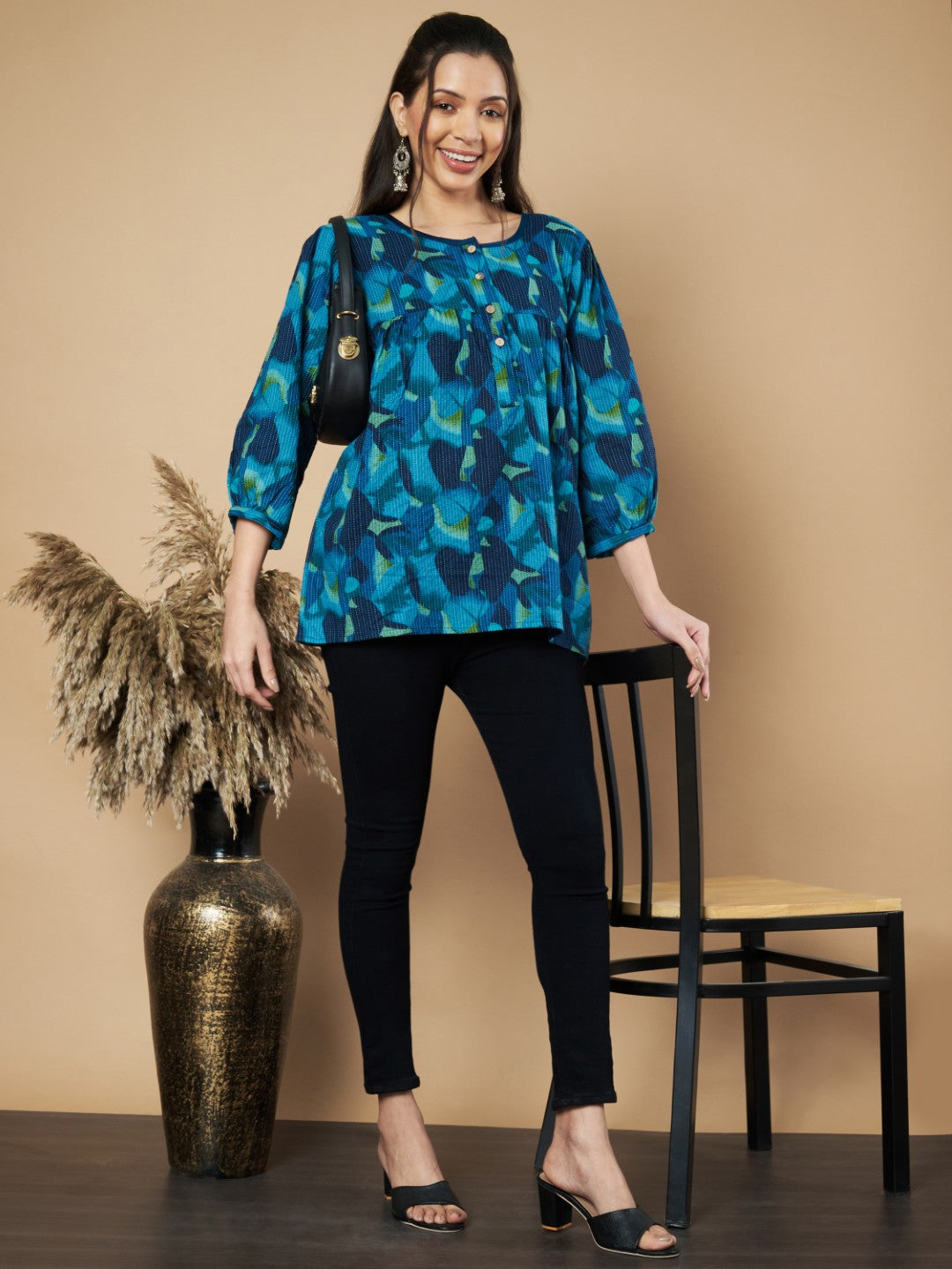 Blue Floral Print Flared Cotton Tunic Top