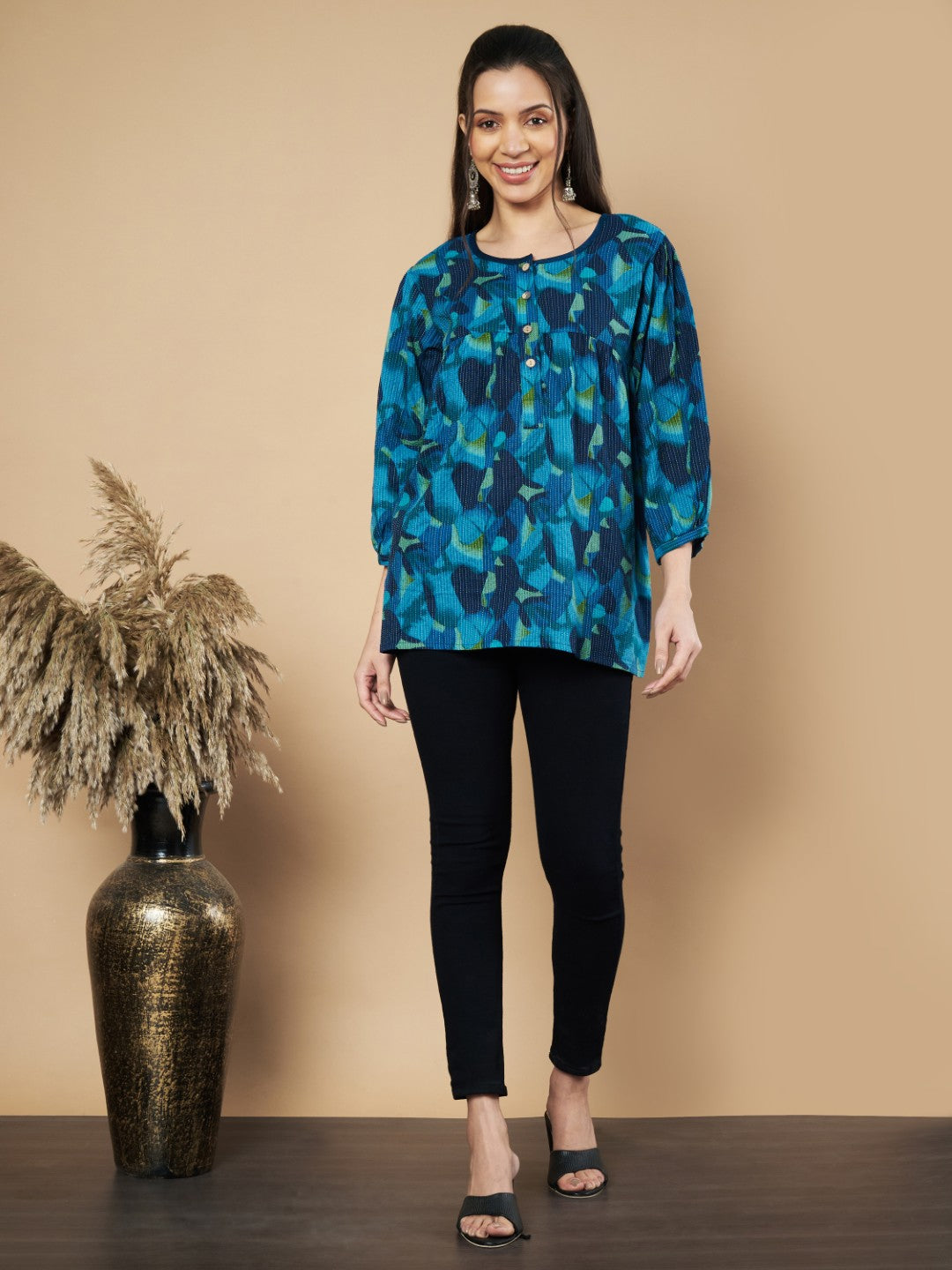 Blue Floral Print Flared Cotton Tunic Top