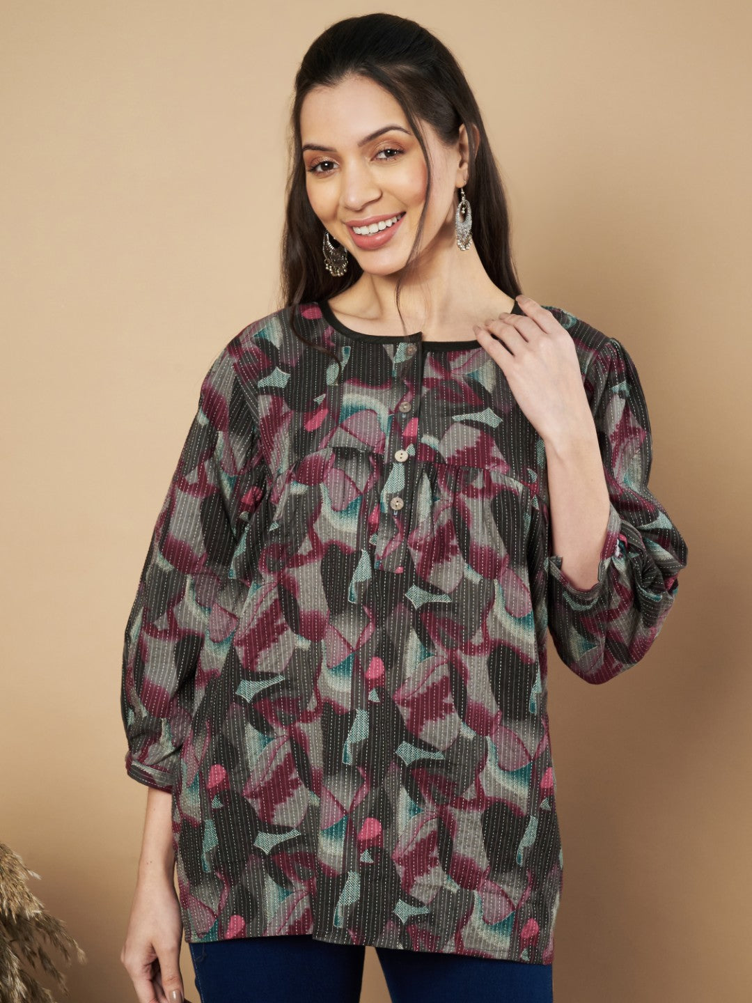 Brown Floral Print Flared Cotton Tunic Top