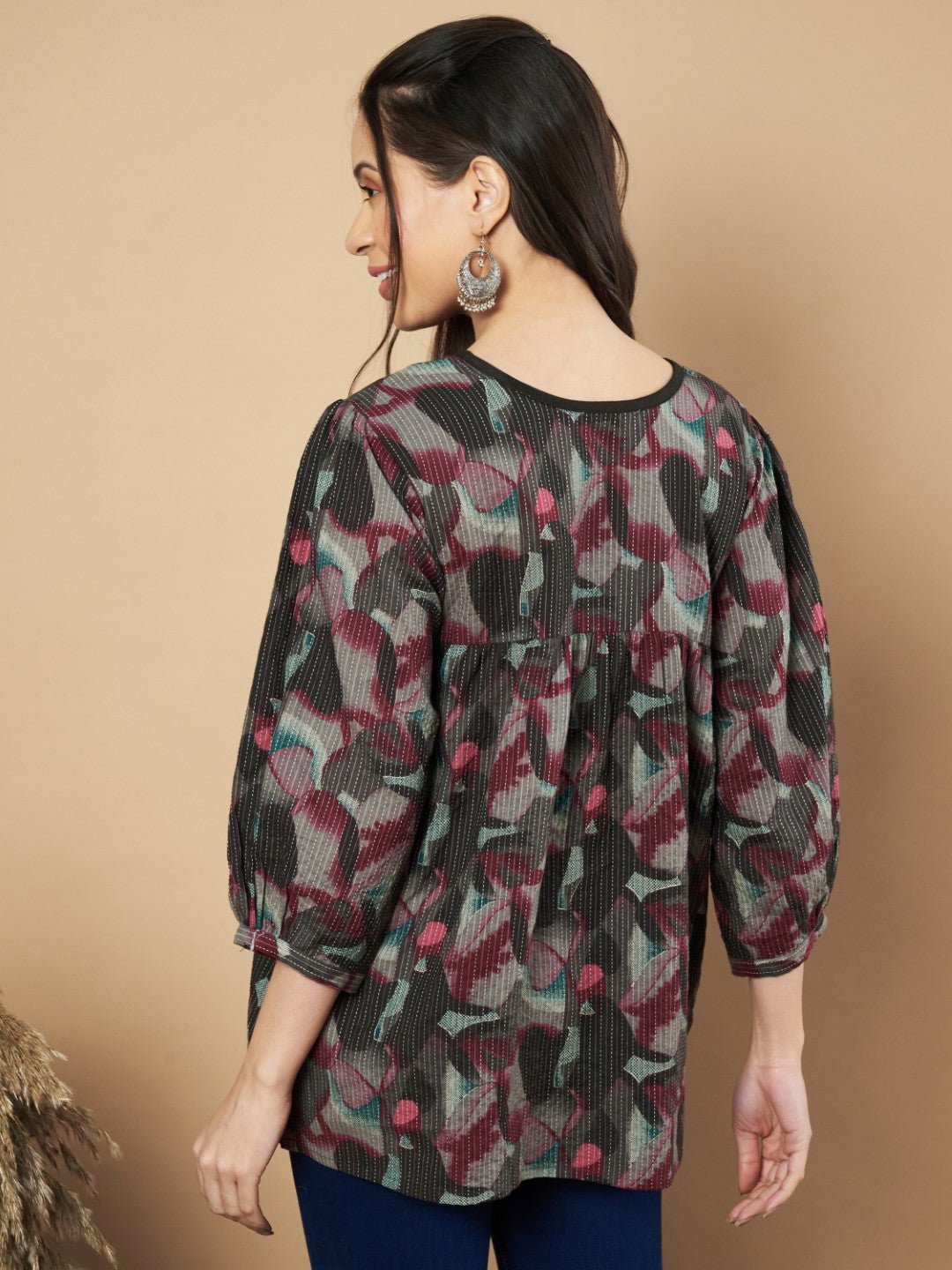 Brown Floral Print Flared Cotton Tunic Top