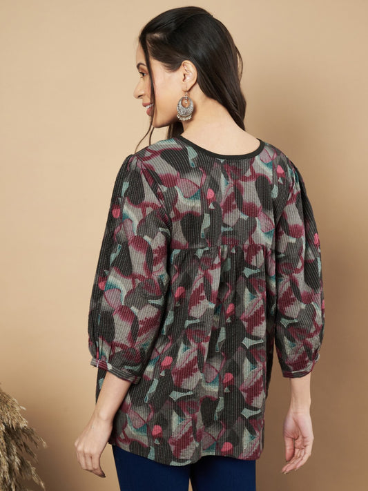Brown Floral Print Flared Cotton Tunic Top