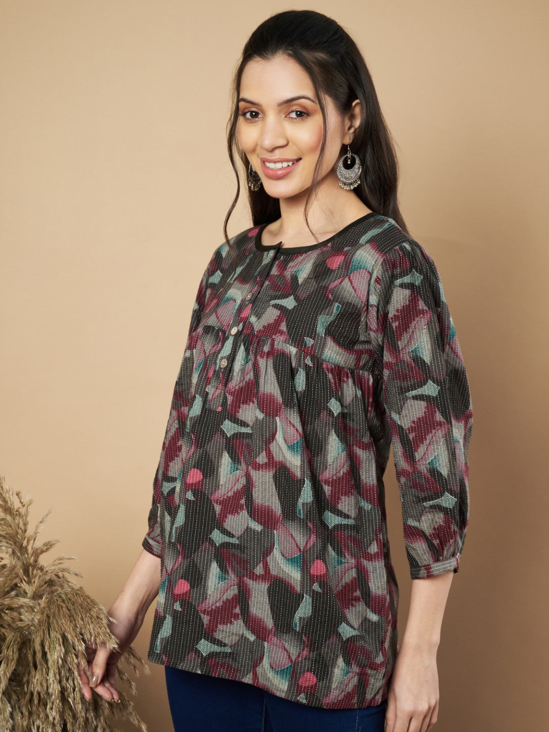 Brown Floral Print Flared Cotton Tunic Top
