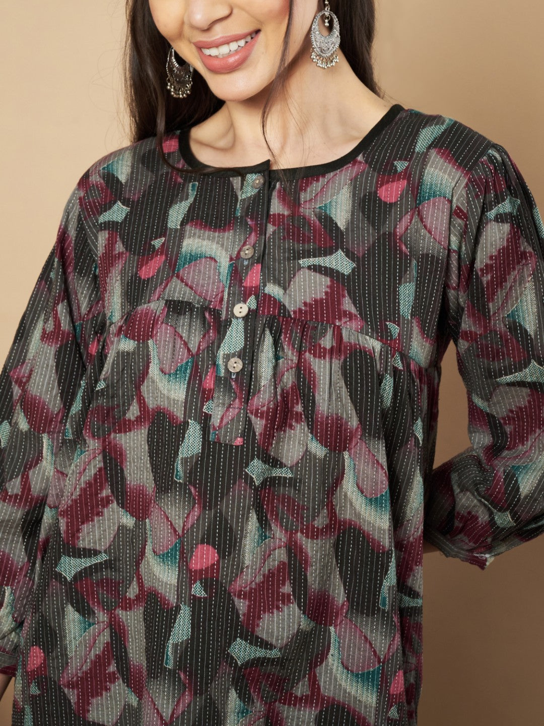 Brown Floral Print Flared Cotton Tunic Top