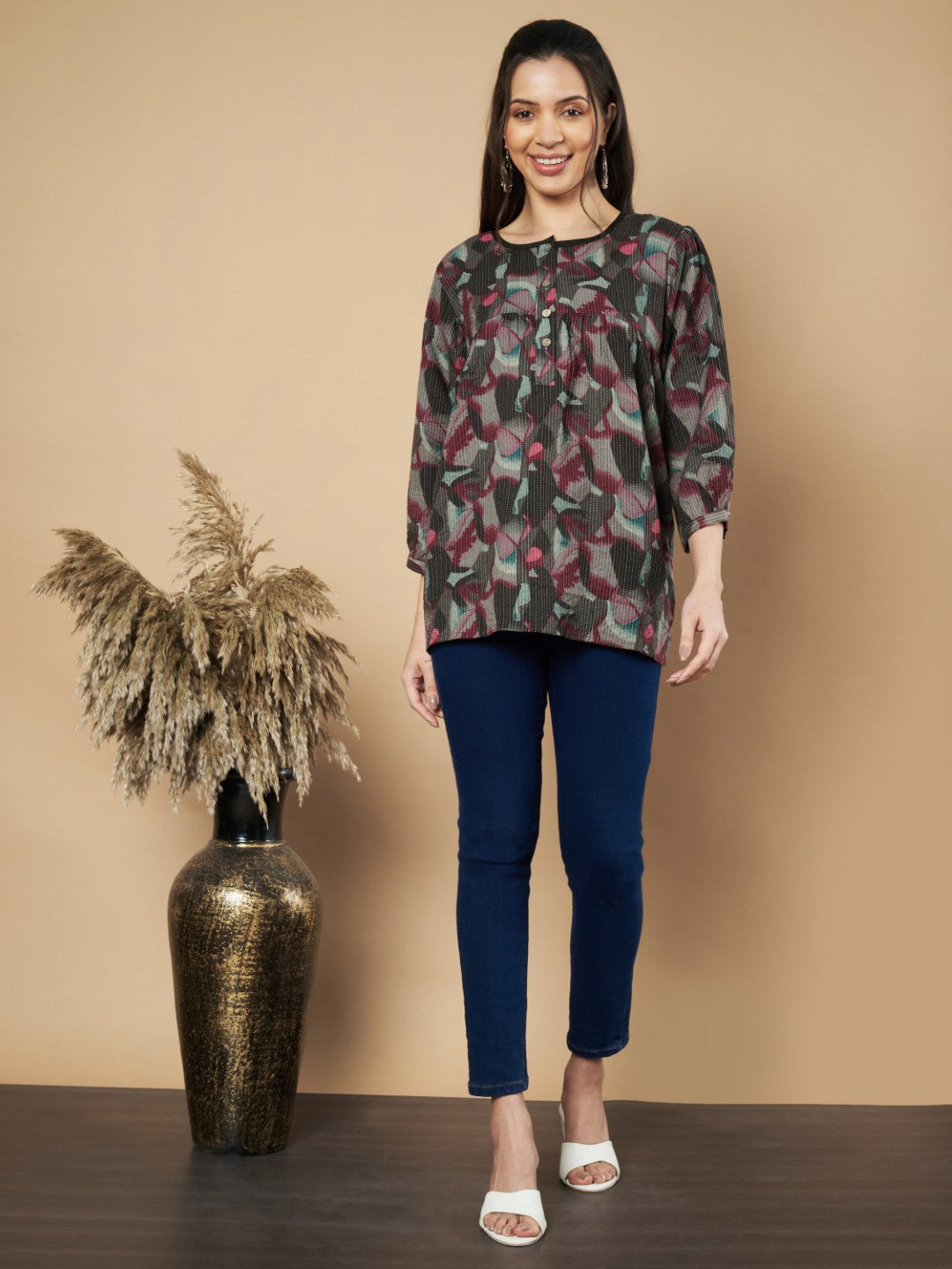 Brown Floral Print Flared Cotton Tunic Top