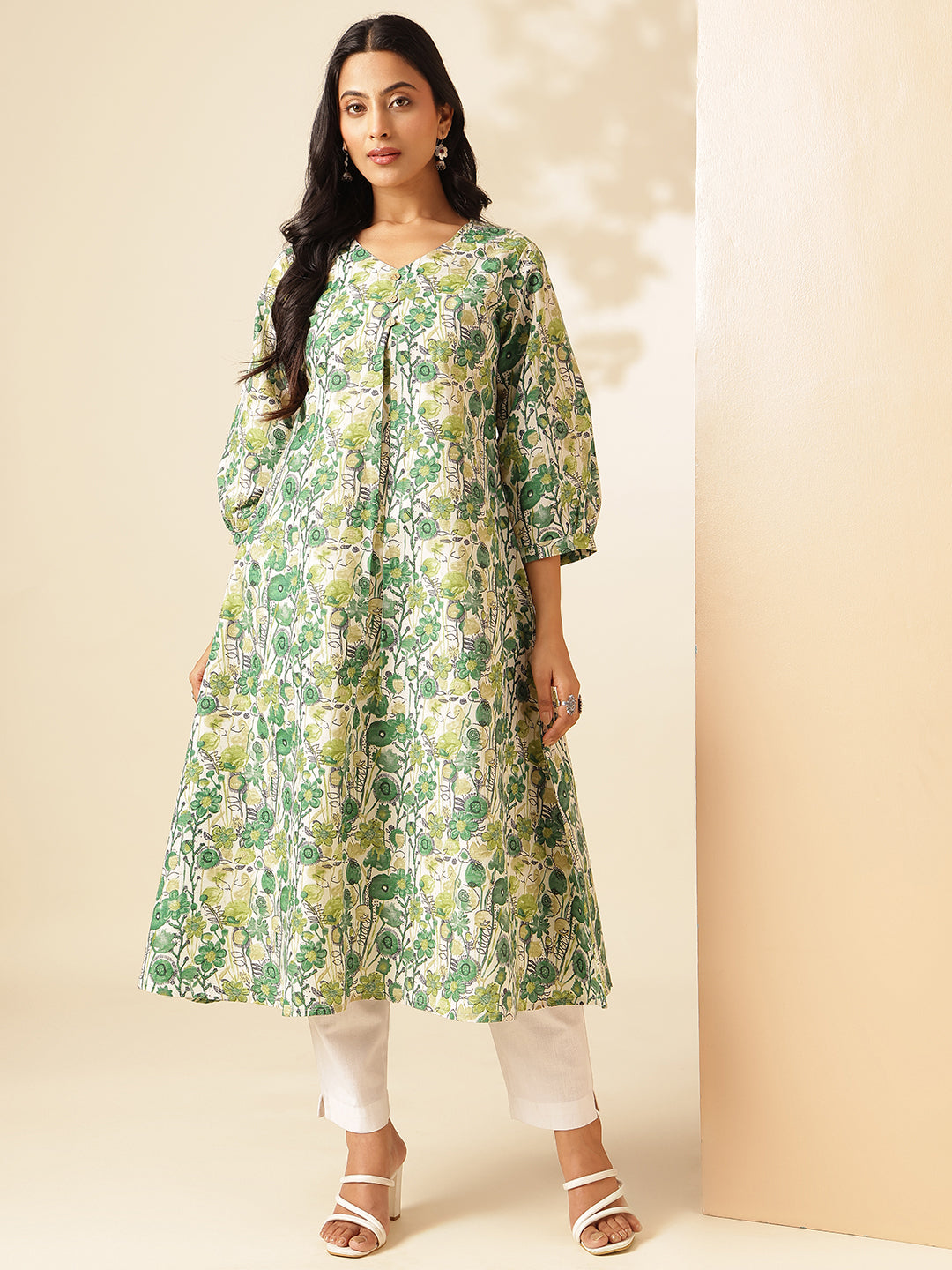 Pista Green Floral Printed A-Line Cotton Kurta