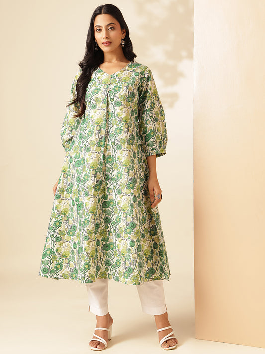 Pista Green Floral Printed A-Line Cotton Kurta