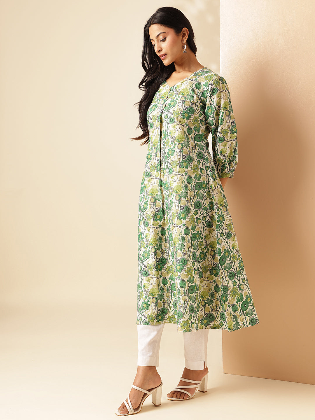 Pista Green Floral Printed A-Line Cotton Kurta