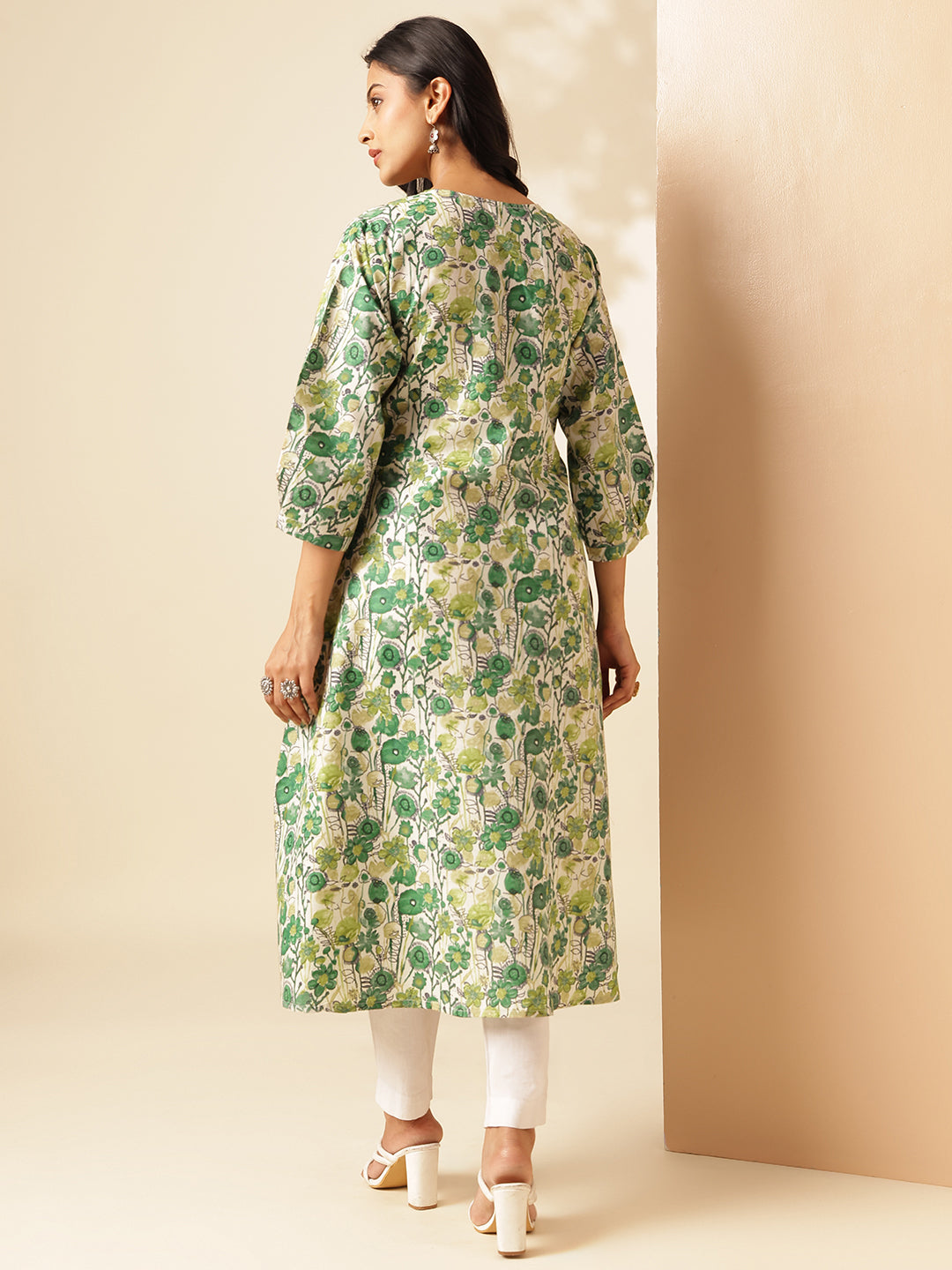 Pista Green Floral Printed A-Line Cotton Kurta