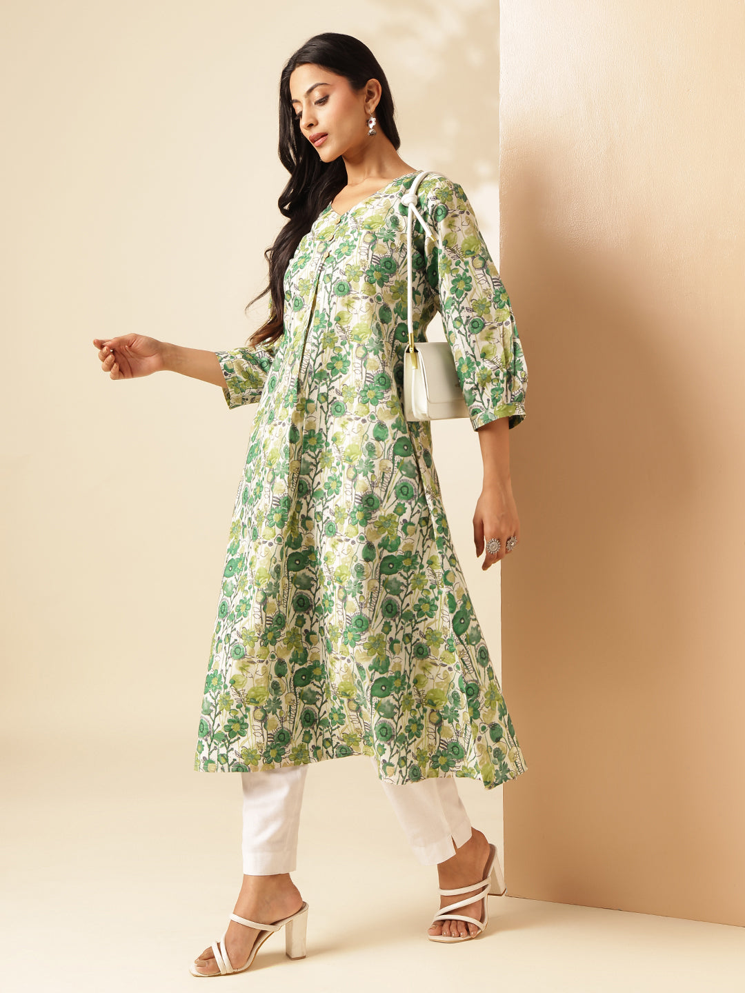 Pista Green Floral Printed A-Line Cotton Kurta