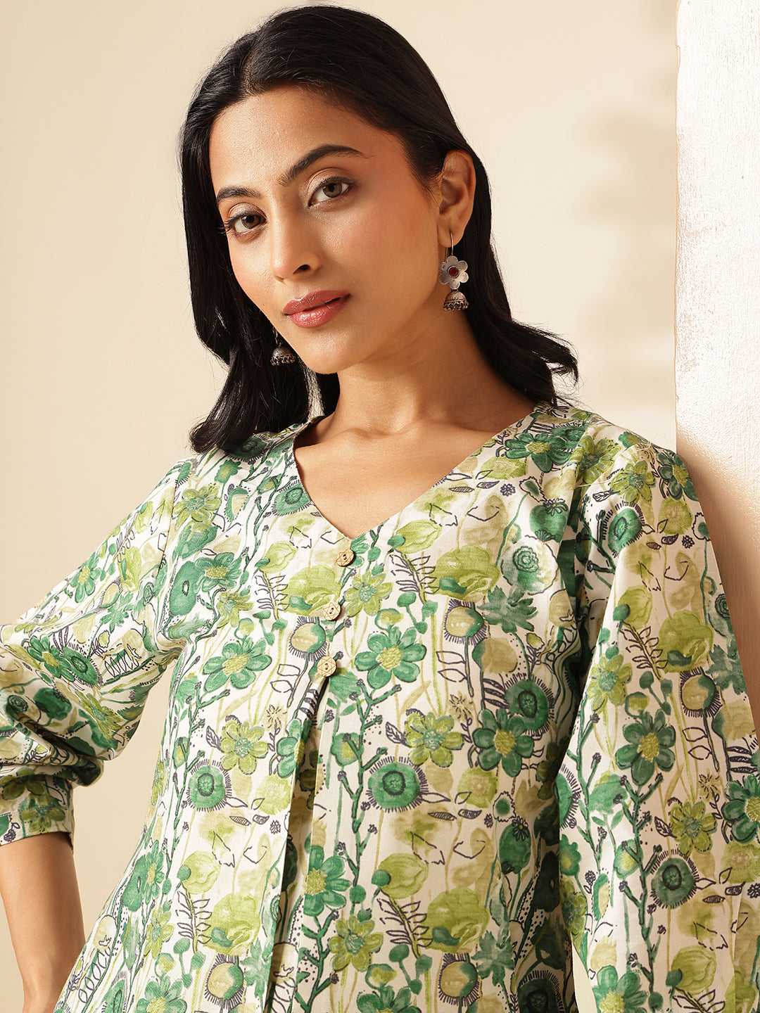 Pista Green Floral Printed A-Line Cotton Kurta