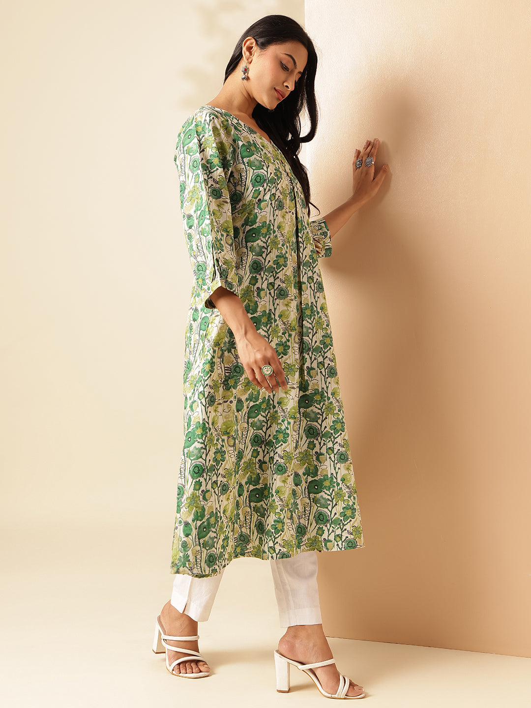 Pista Green Floral Printed A-Line Cotton Kurta