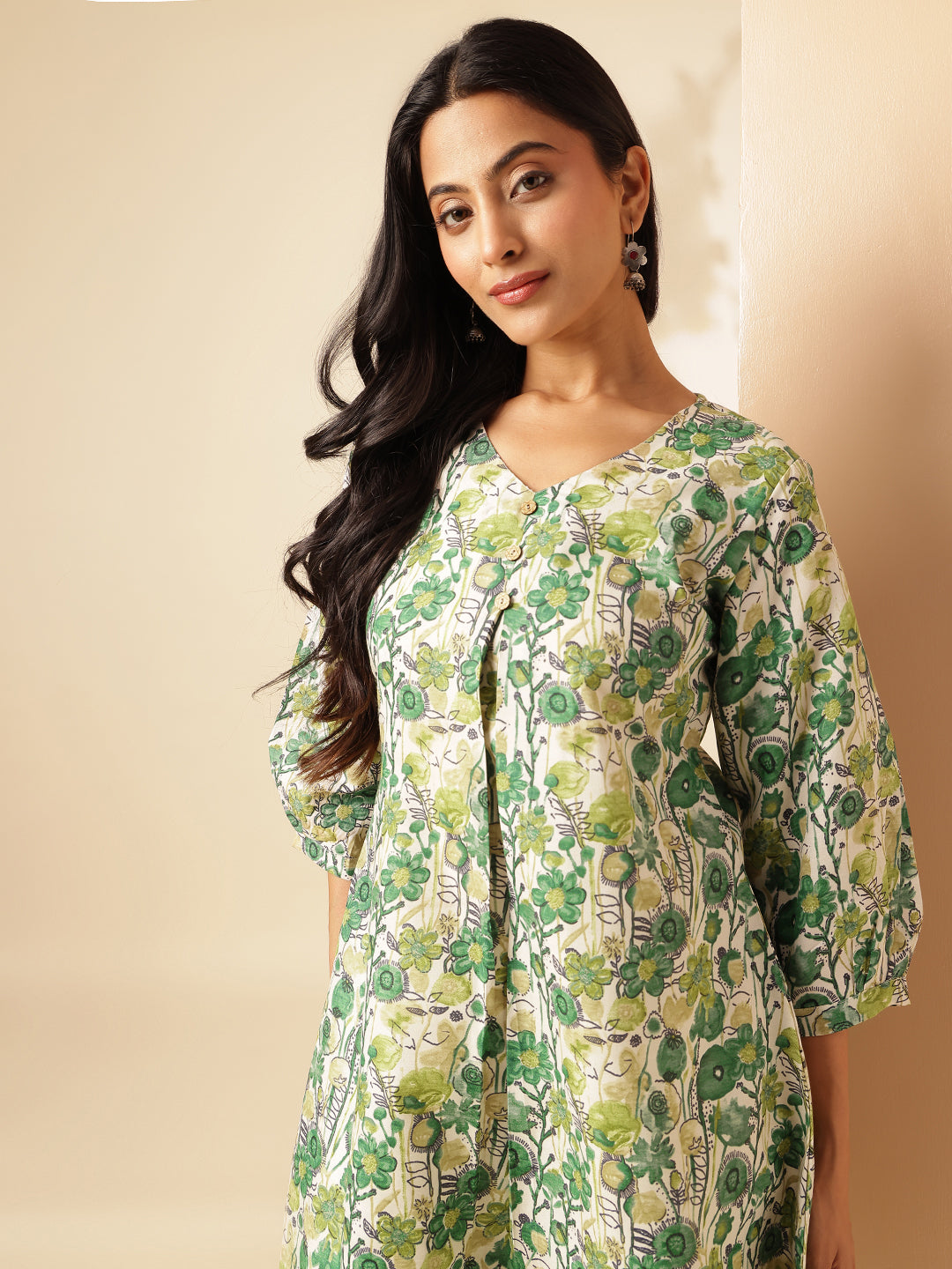 Pista Green Floral Printed A-Line Cotton Kurta