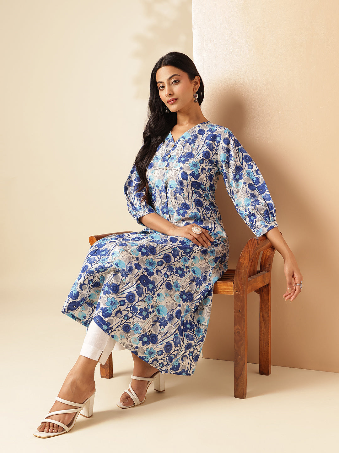 Blue Floral Printed A-Line Cotton Kurta