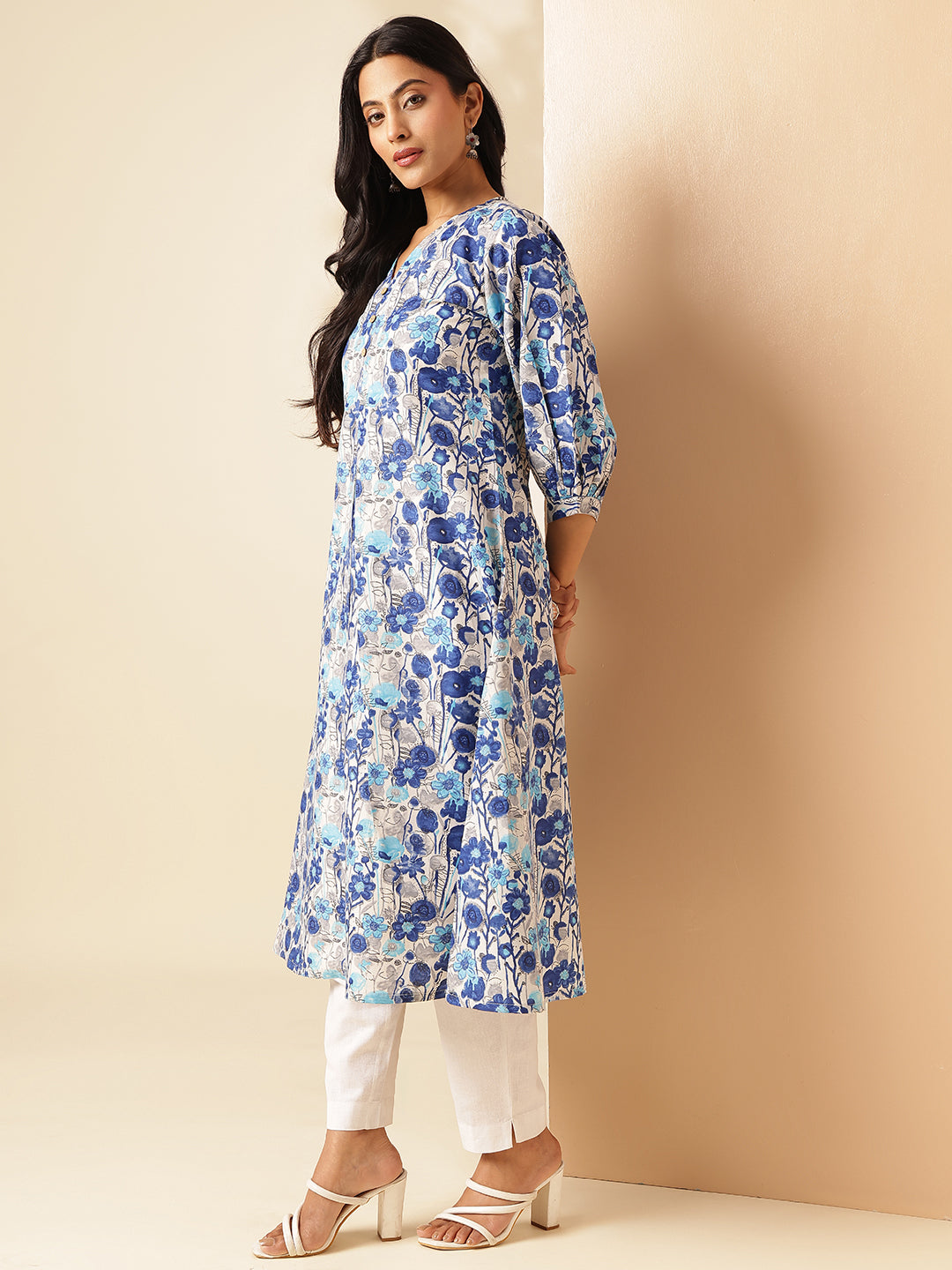 Blue Floral Printed A-Line Cotton Kurta