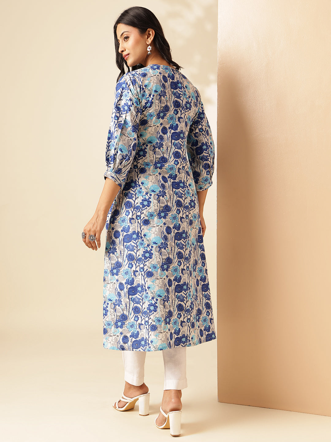 Blue Floral Printed A-Line Cotton Kurta