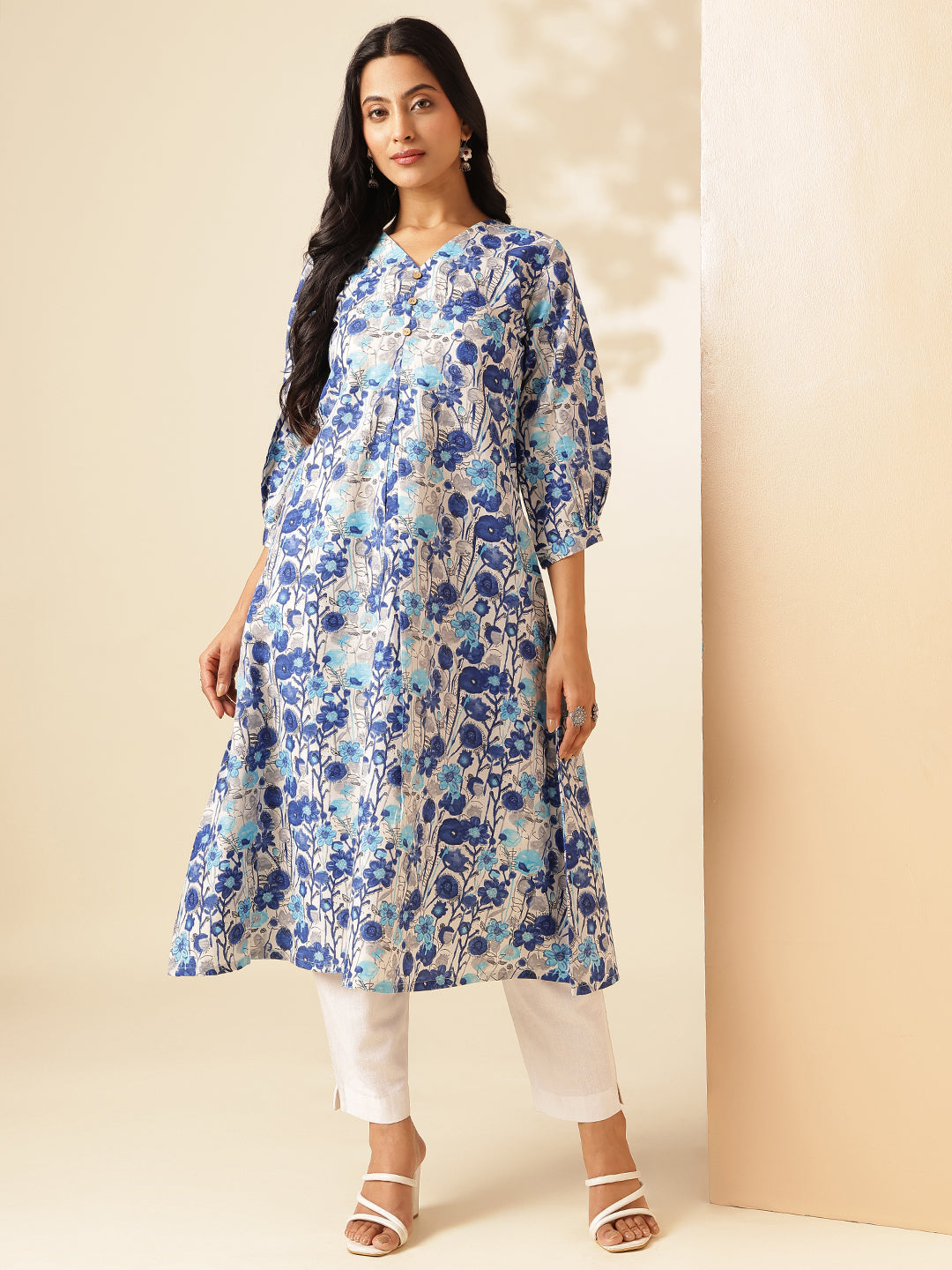 Blue Floral Printed A-Line Cotton Kurta