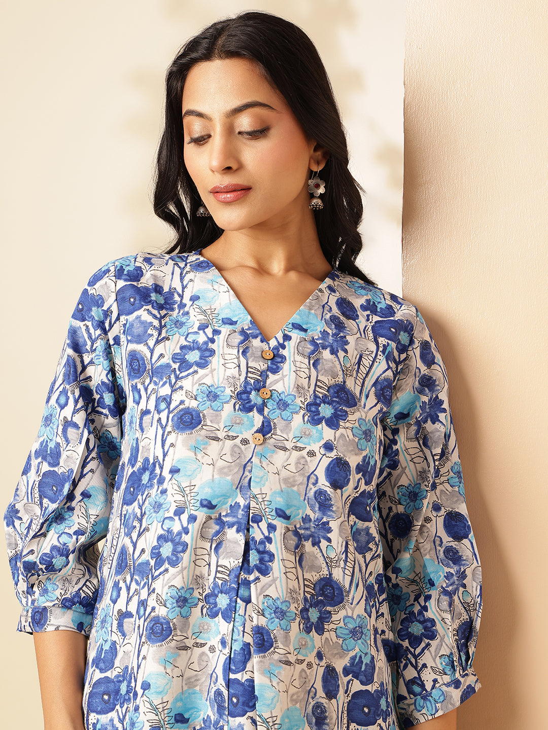 Blue Floral Printed A-Line Cotton Kurta