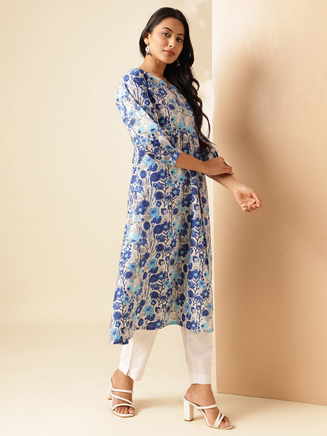 Blue Floral Printed A-Line Cotton Kurta