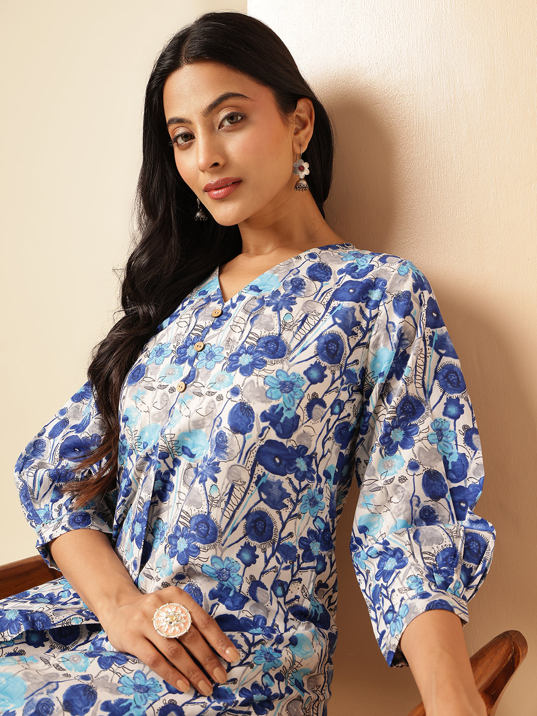 Blue Floral Printed A-Line Cotton Kurta