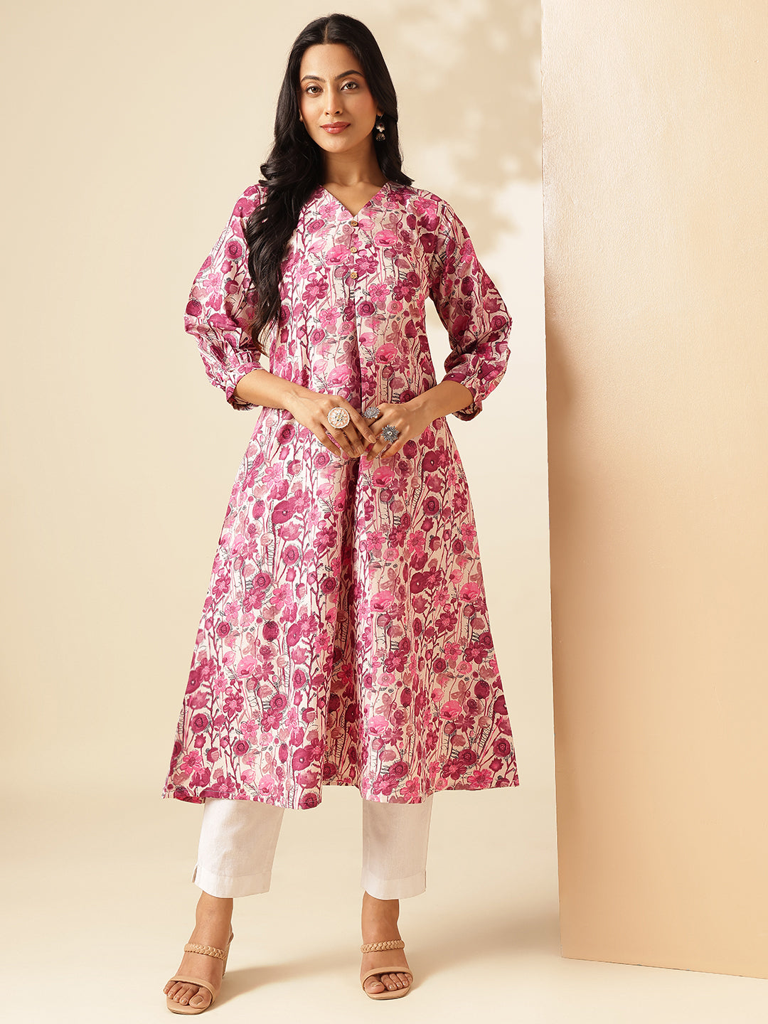Pink Floral Printed A-Line Cotton Kurta