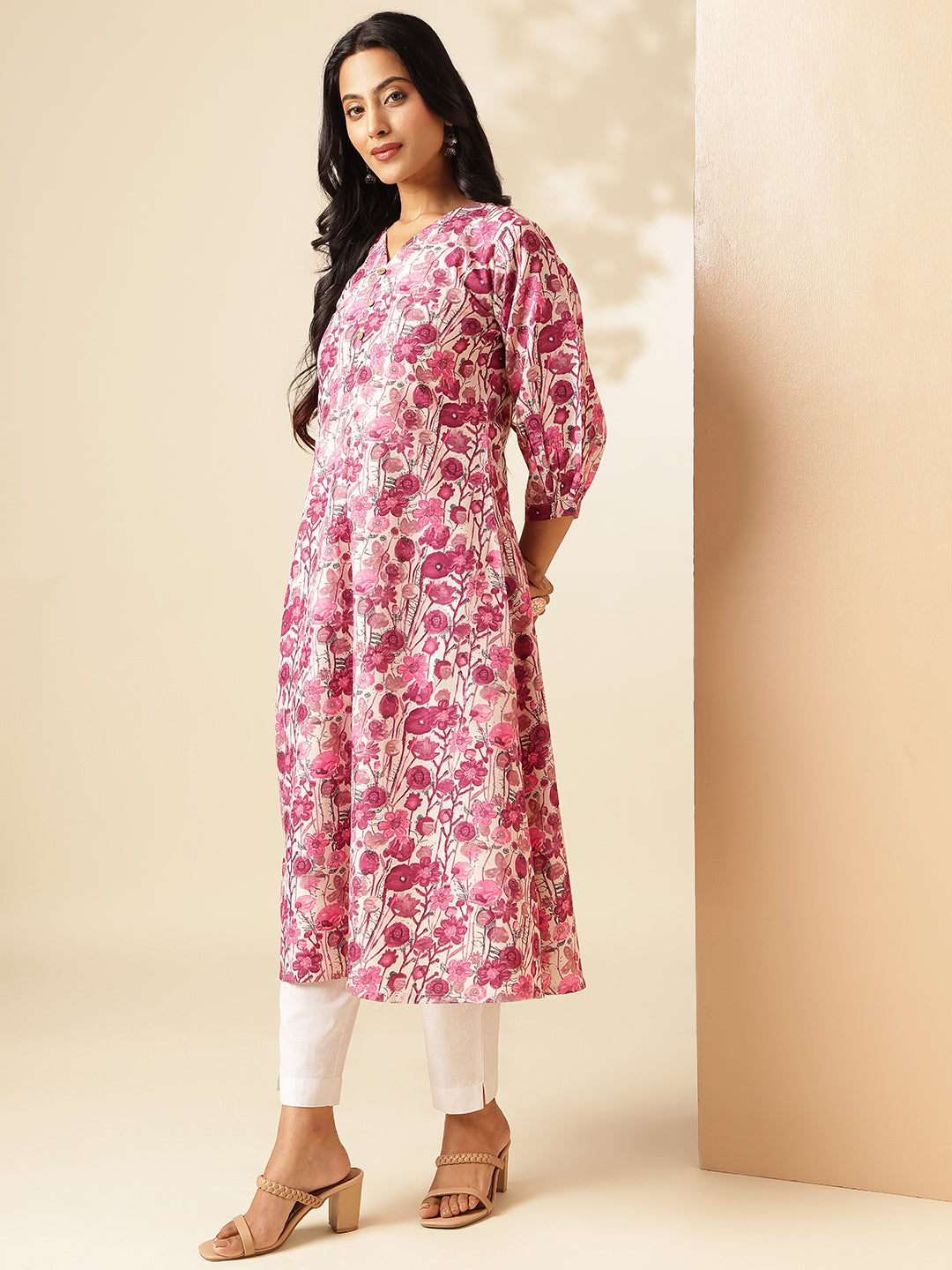 Pink Floral Printed A-Line Cotton Kurta