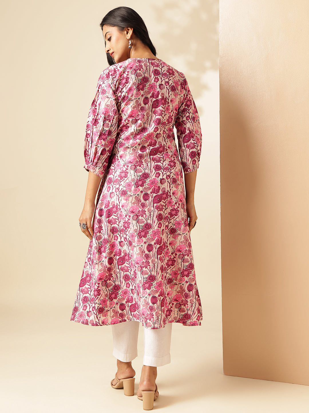 Pink Floral Printed A-Line Cotton Kurta