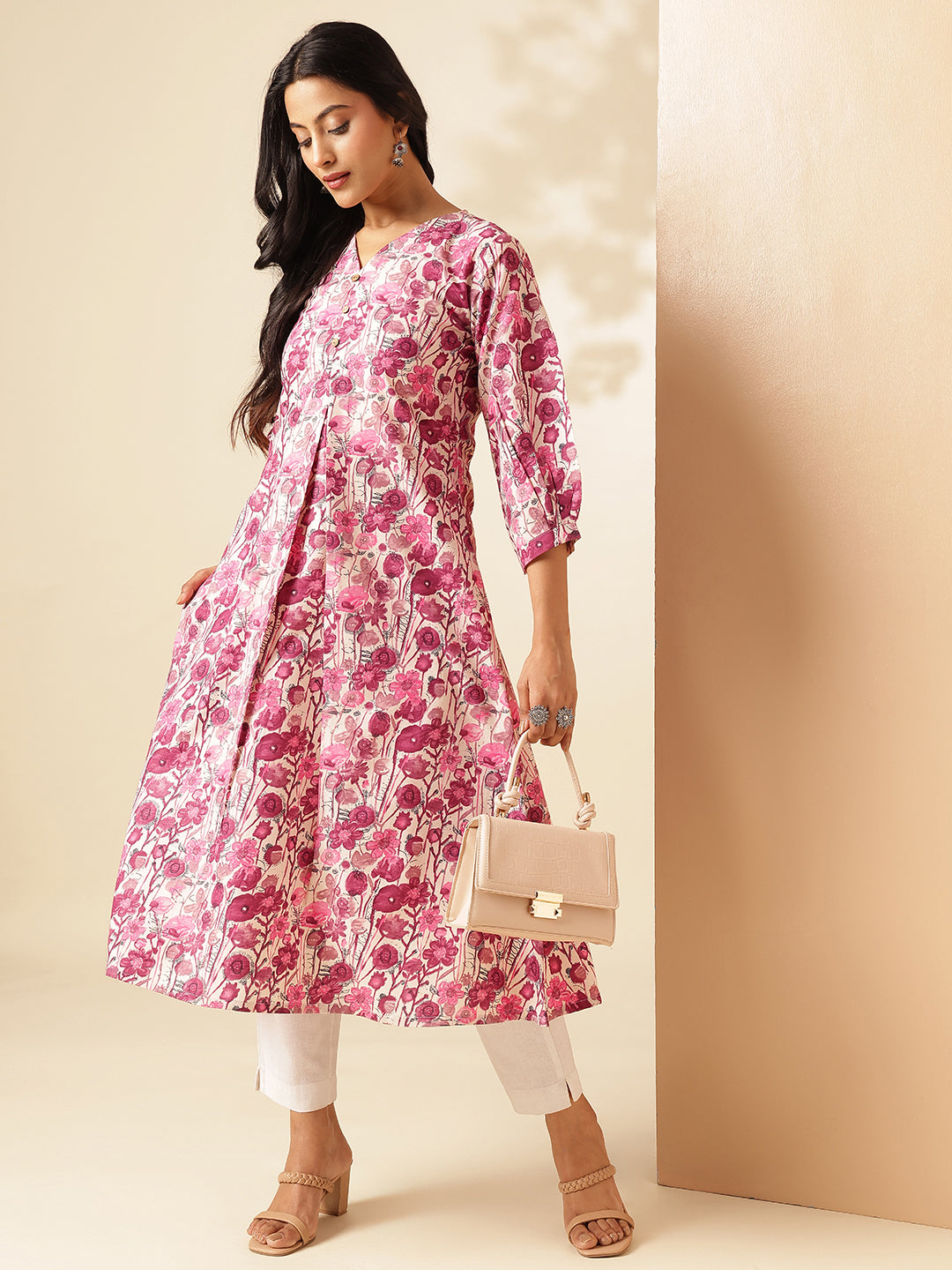 Pink Floral Printed A-Line Cotton Kurta