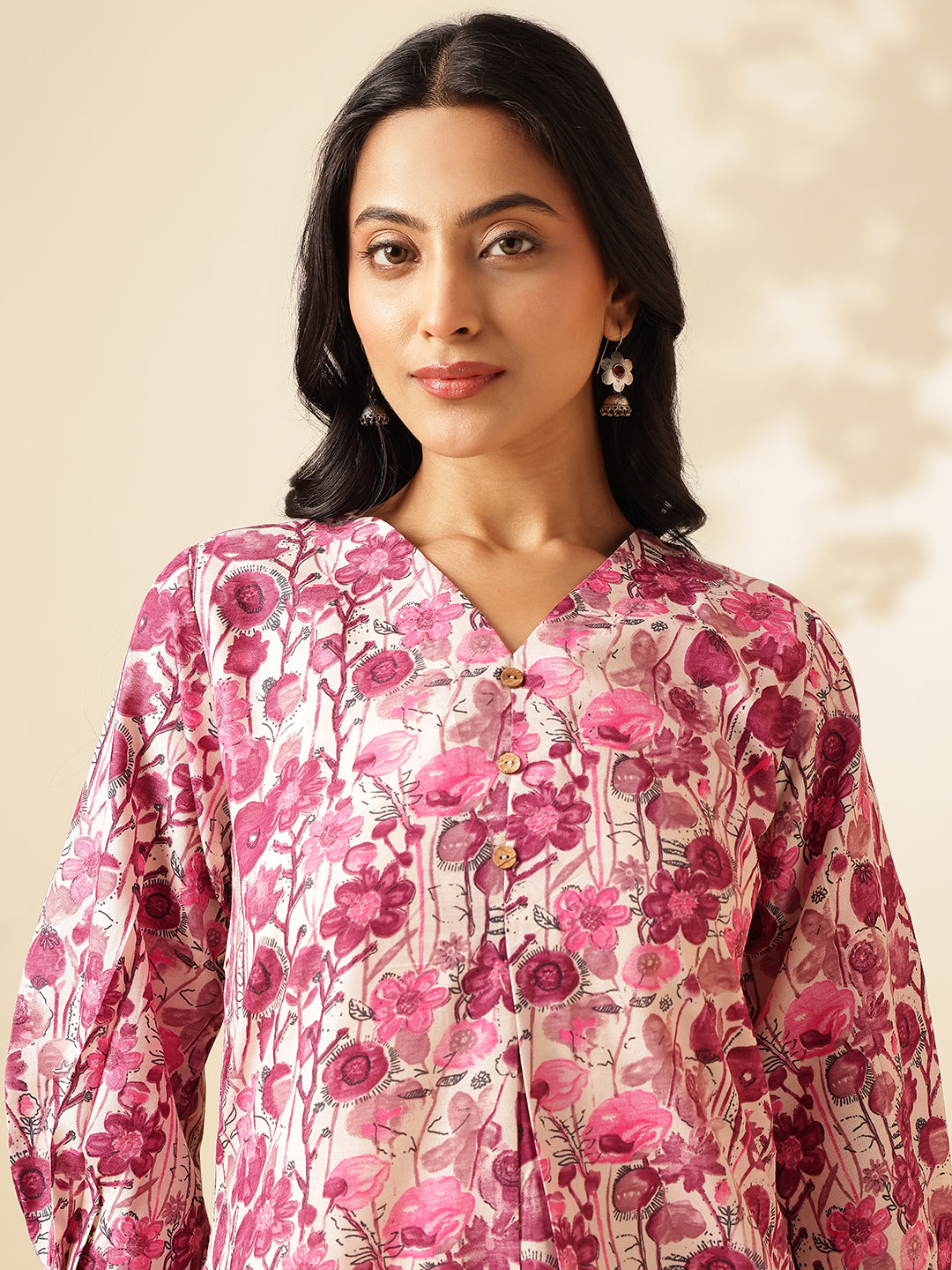 Pink Floral Printed A-Line Cotton Kurta