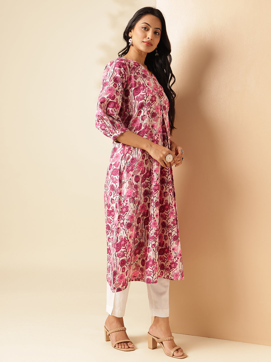 Pink Floral Printed A-Line Cotton Kurta