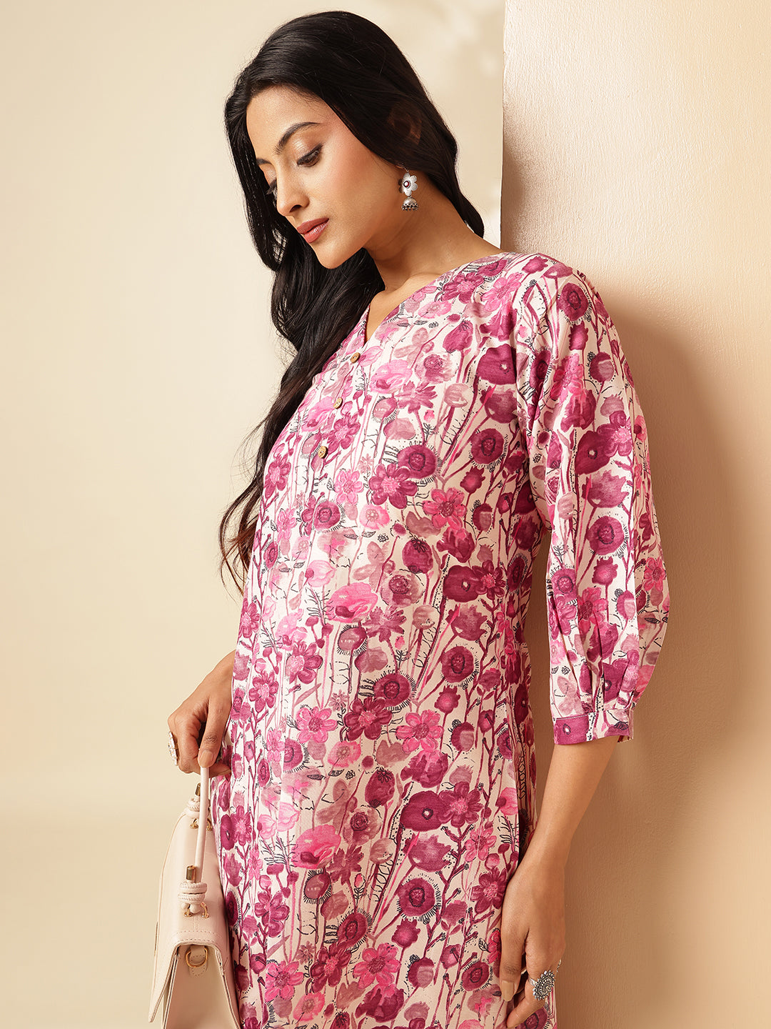 Pink Floral Printed A-Line Cotton Kurta