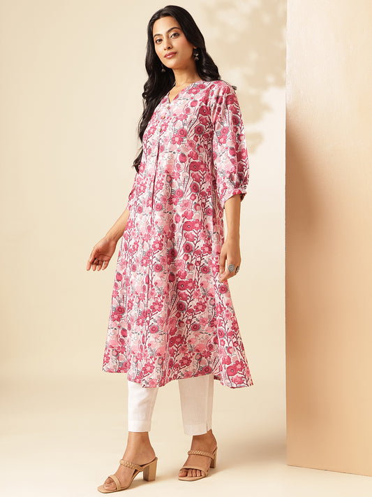 Red Floral Printed A-Line Cotton Kurta
