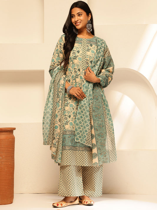 Aqua Cotton Floral Print Straight Kurta Set