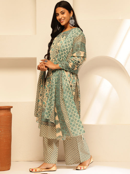Aqua Cotton Floral Print Straight Kurta Set