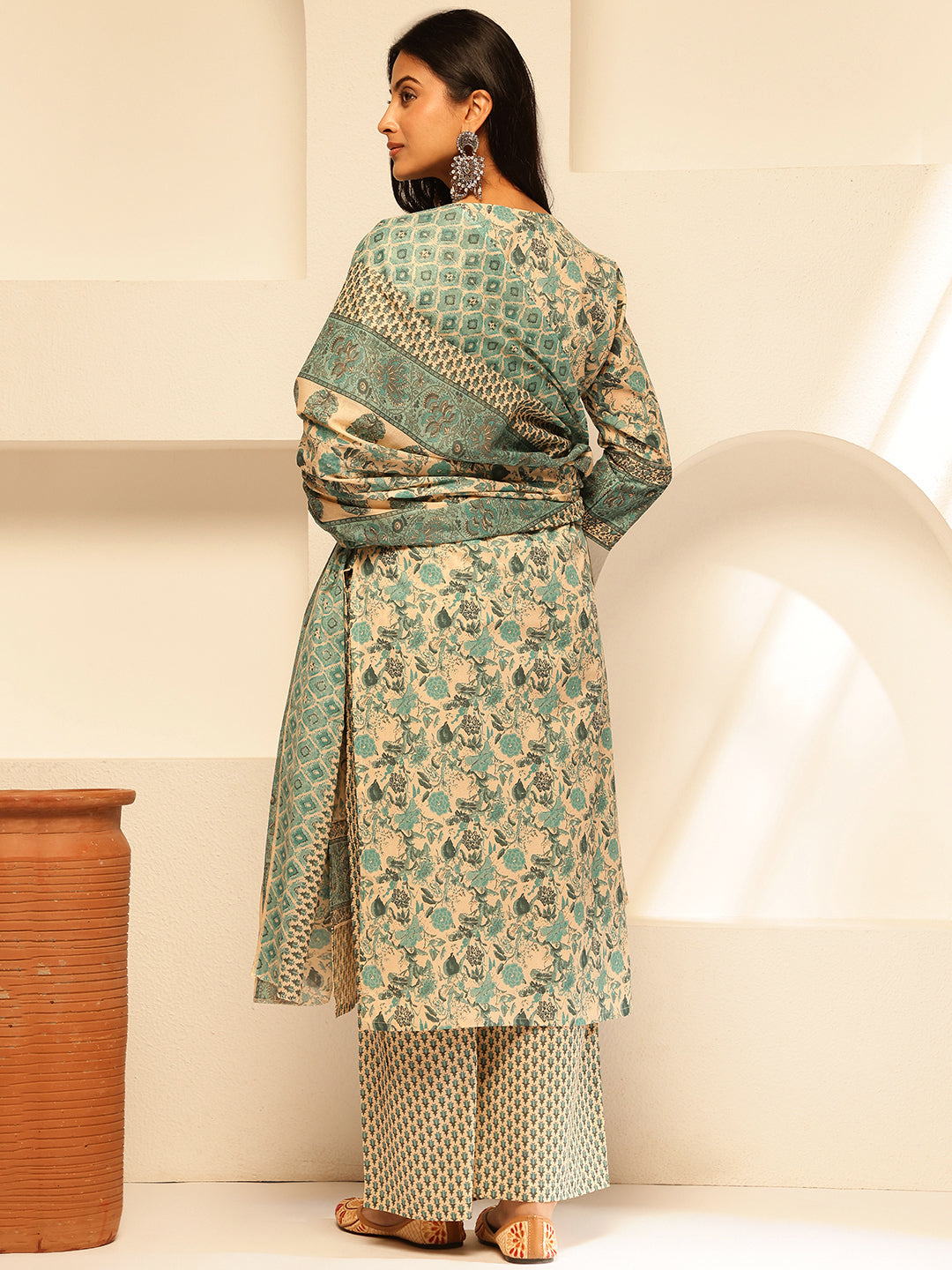 Aqua Cotton Floral Print Straight Kurta Set