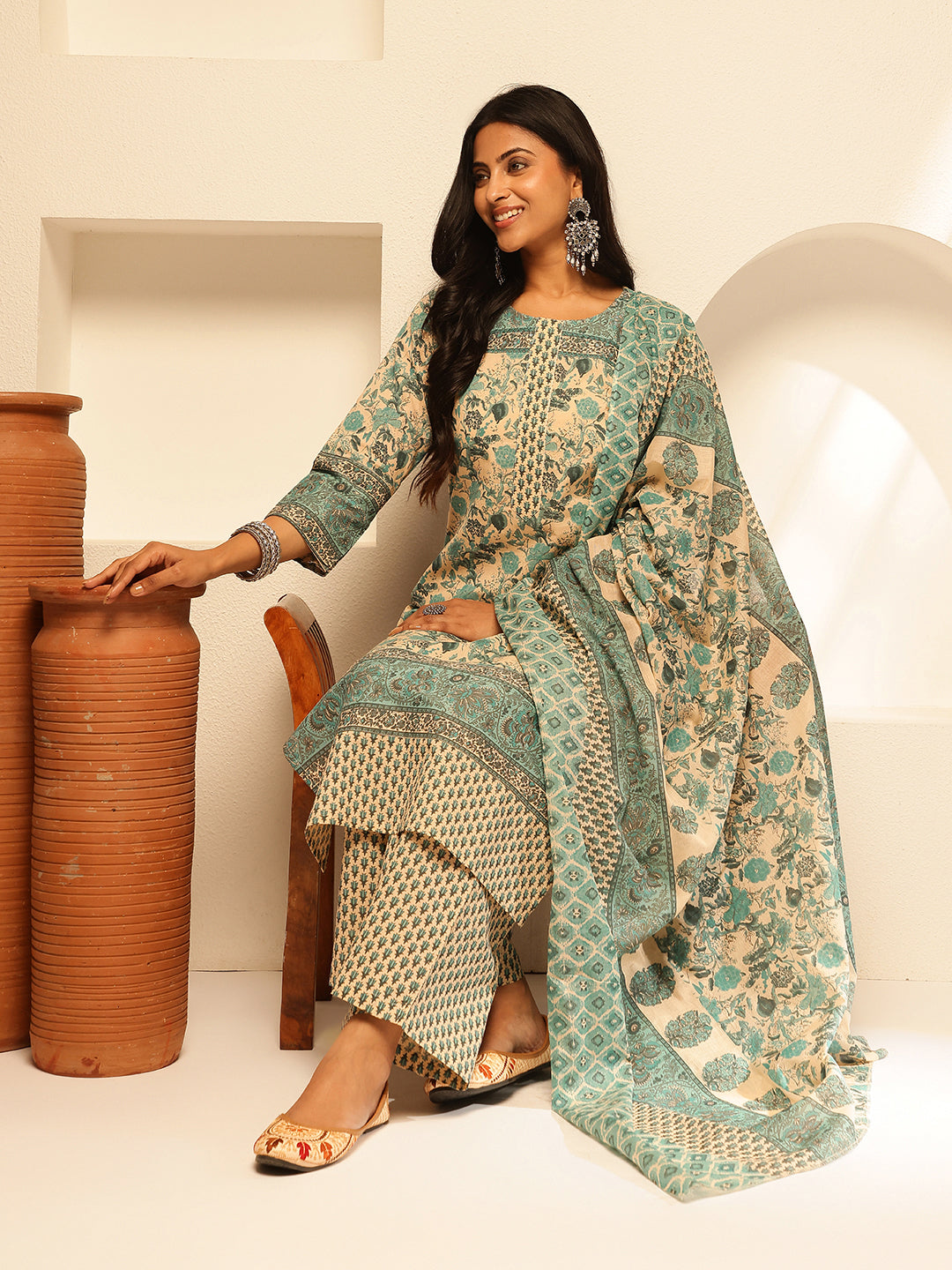 Aqua Cotton Floral Print Straight Kurta Set