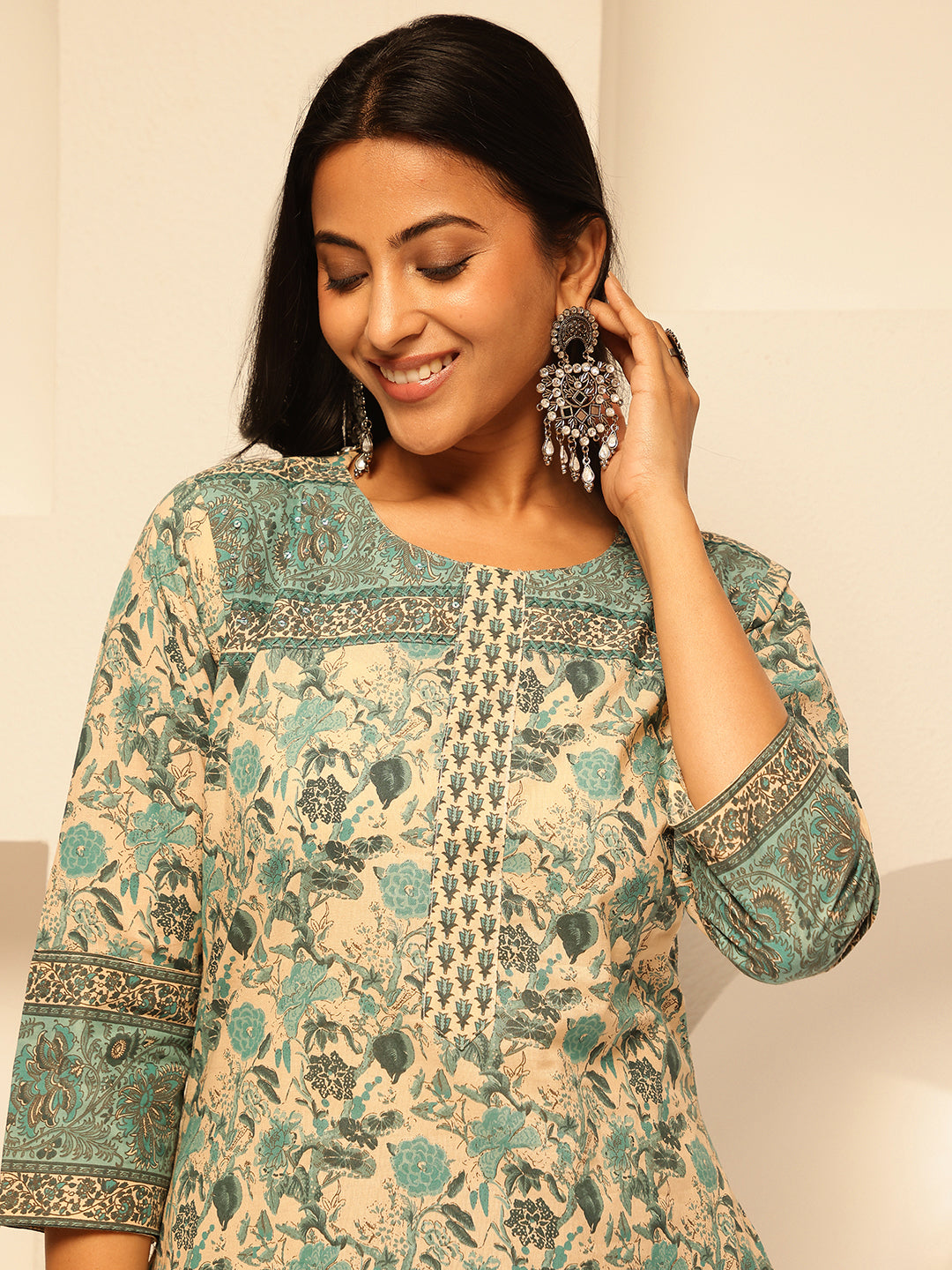 Aqua Cotton Floral Print Straight Kurta Set