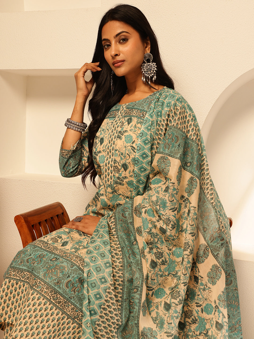 Aqua Cotton Floral Print Straight Kurta Set