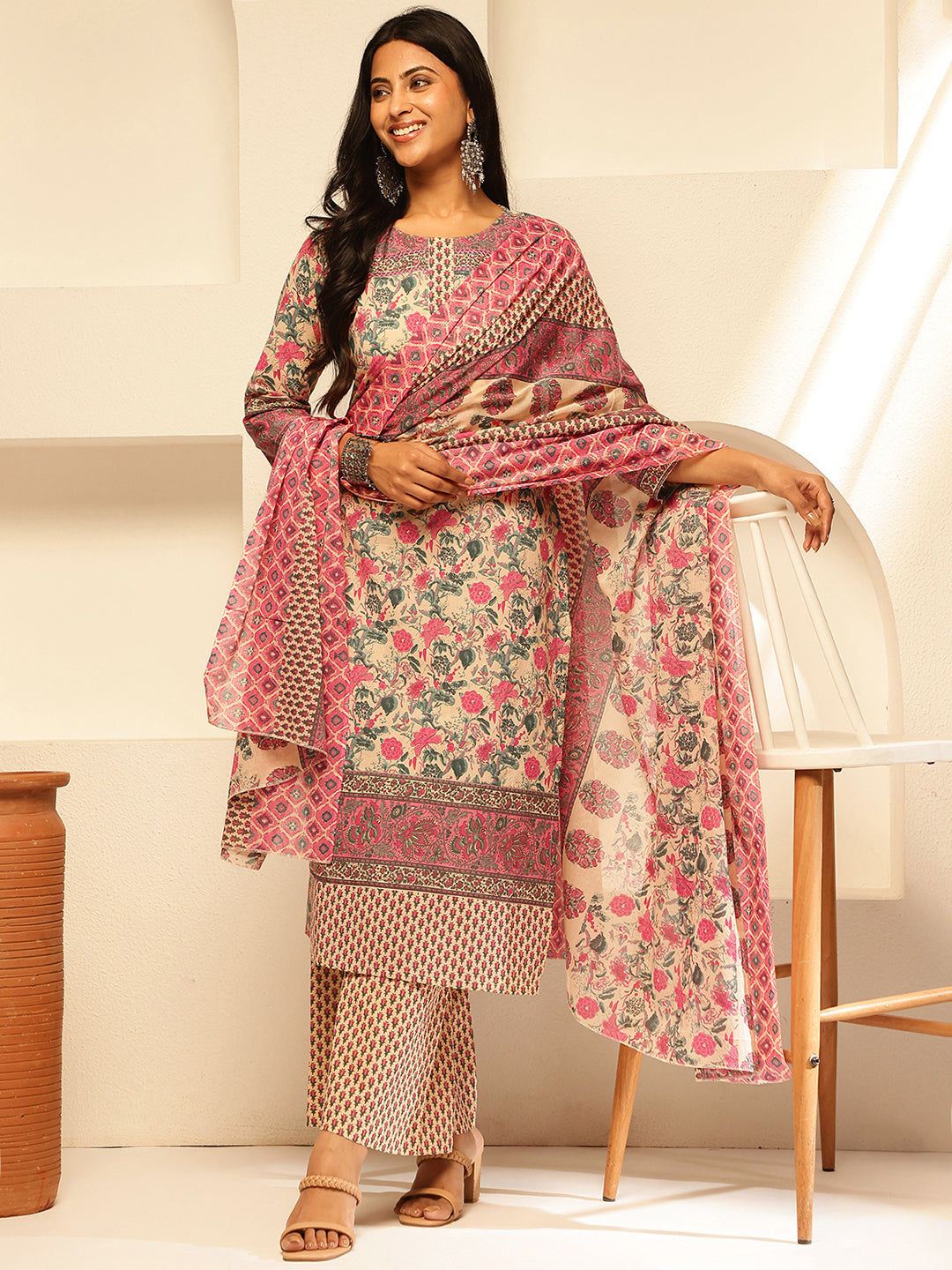 Pink Cotton Floral Print Straight Kurta Set