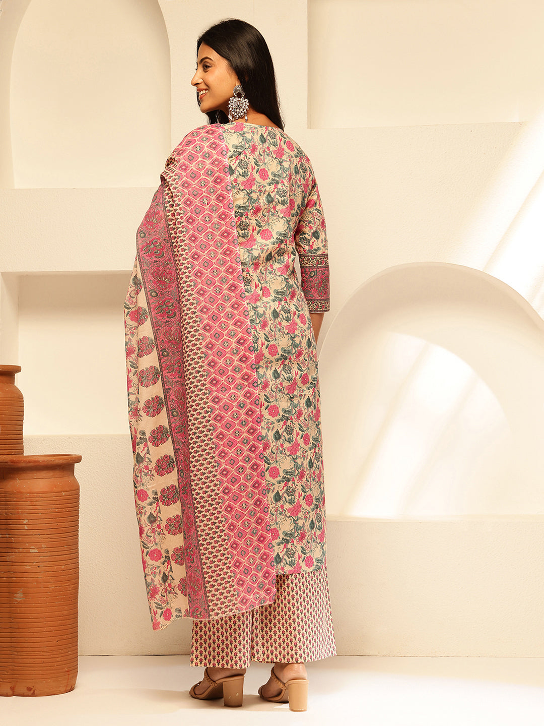 Pink Cotton Floral Print Straight Kurta Set