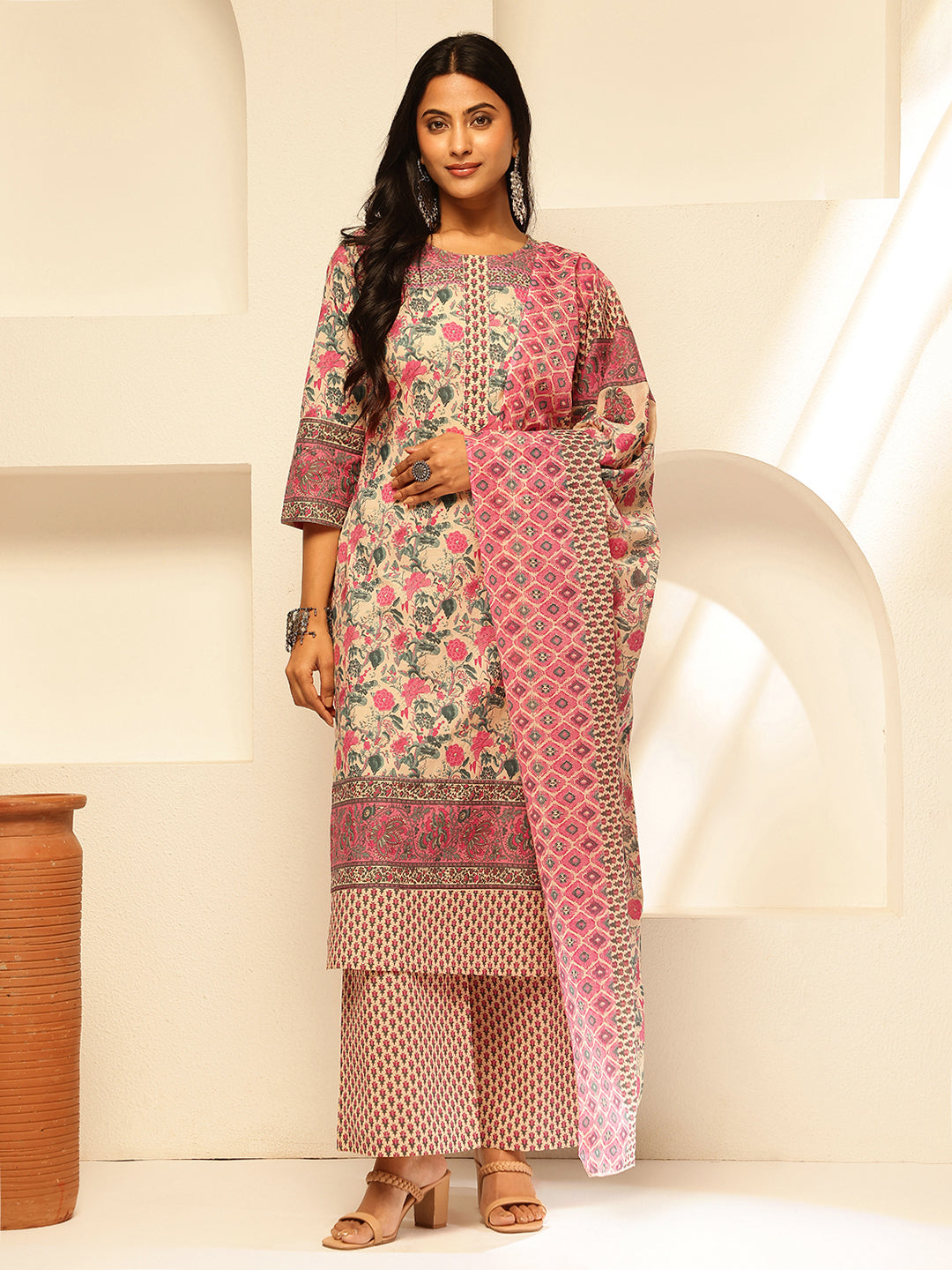 Pink Cotton Floral Print Straight Kurta Set