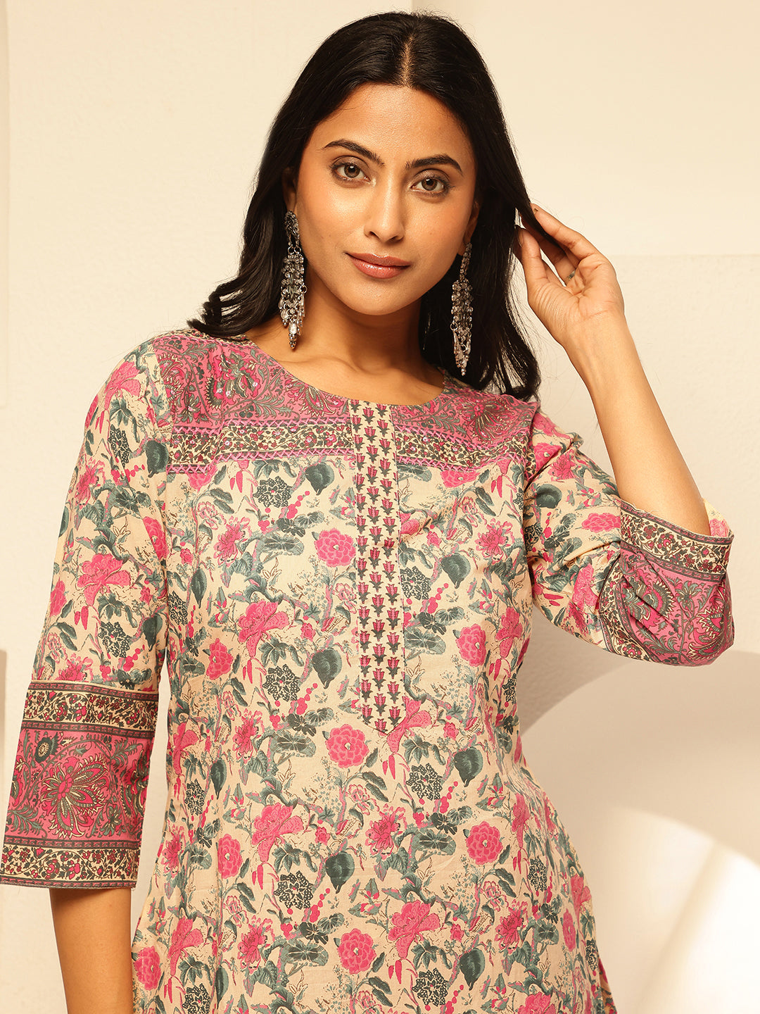 Pink Cotton Floral Print Straight Kurta Set