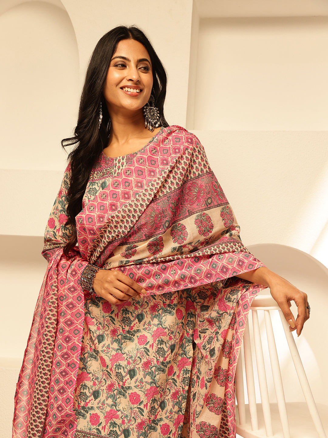 Pink Cotton Floral Print Straight Kurta Set